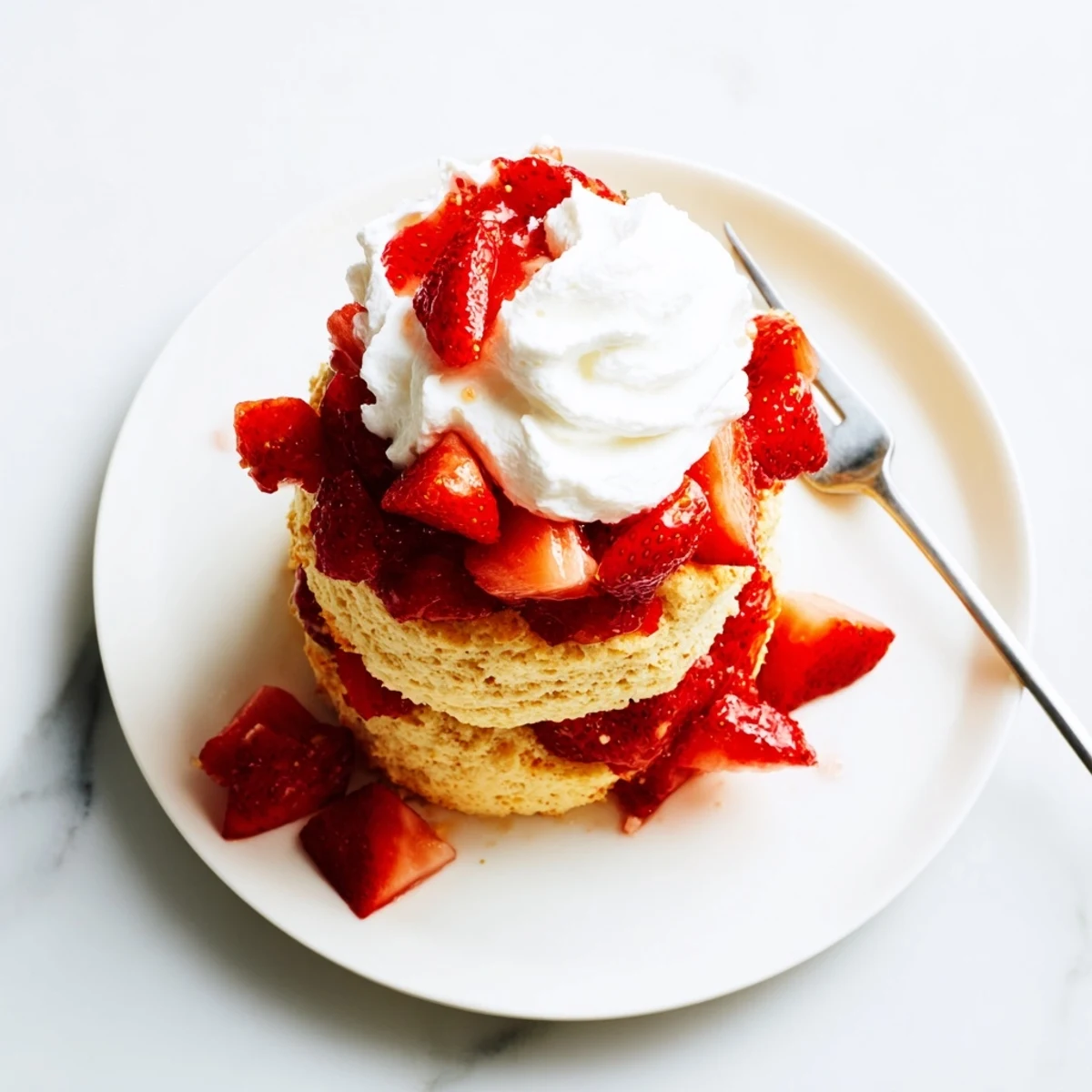 Golden homemade strawberry shortcake stacked with juicy macerated berries and fluffy whipped cream topping