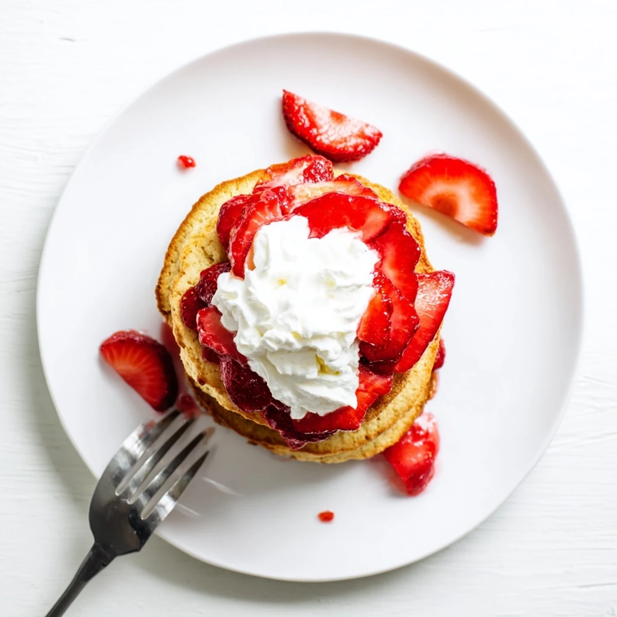 Classic American strawberry shortcake dessert featuring golden biscuits topped with sugared berries and cream clouds