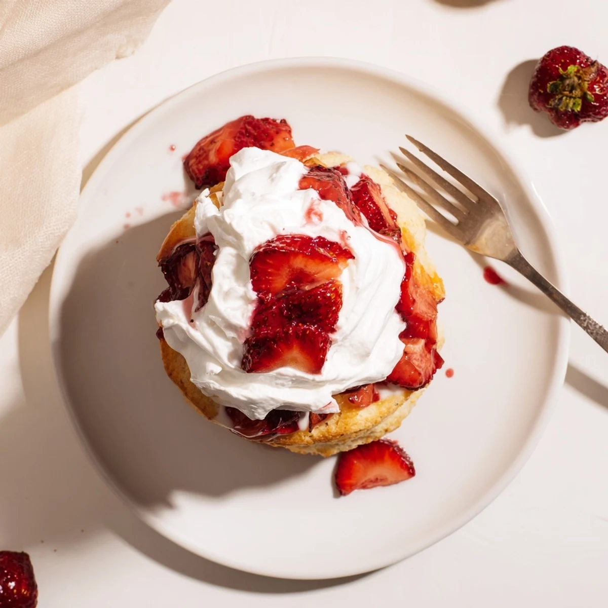 Fluffy buttermilk shortcake layers split open and piled with sweet strawberries and vanilla whipped cream