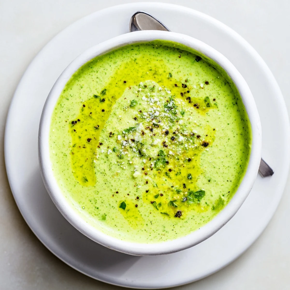 Vibrant green aji verde Peruvian sauce drizzled over grilled chicken with lime wedges