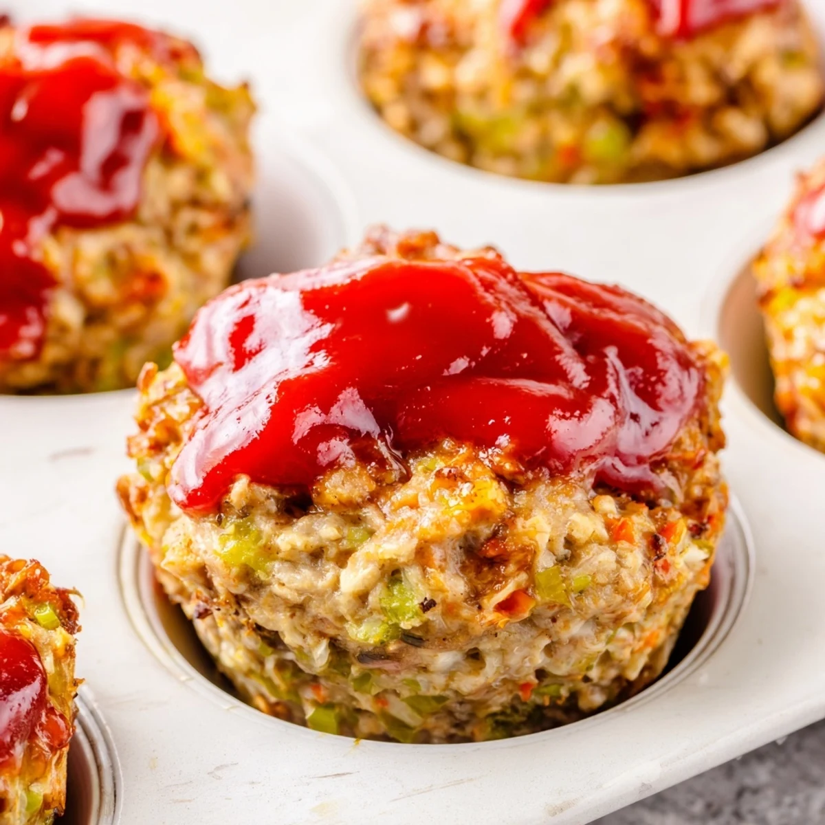 Golden brown turkey meatloaf muffins topped with glossy ketchup in a muffin tin