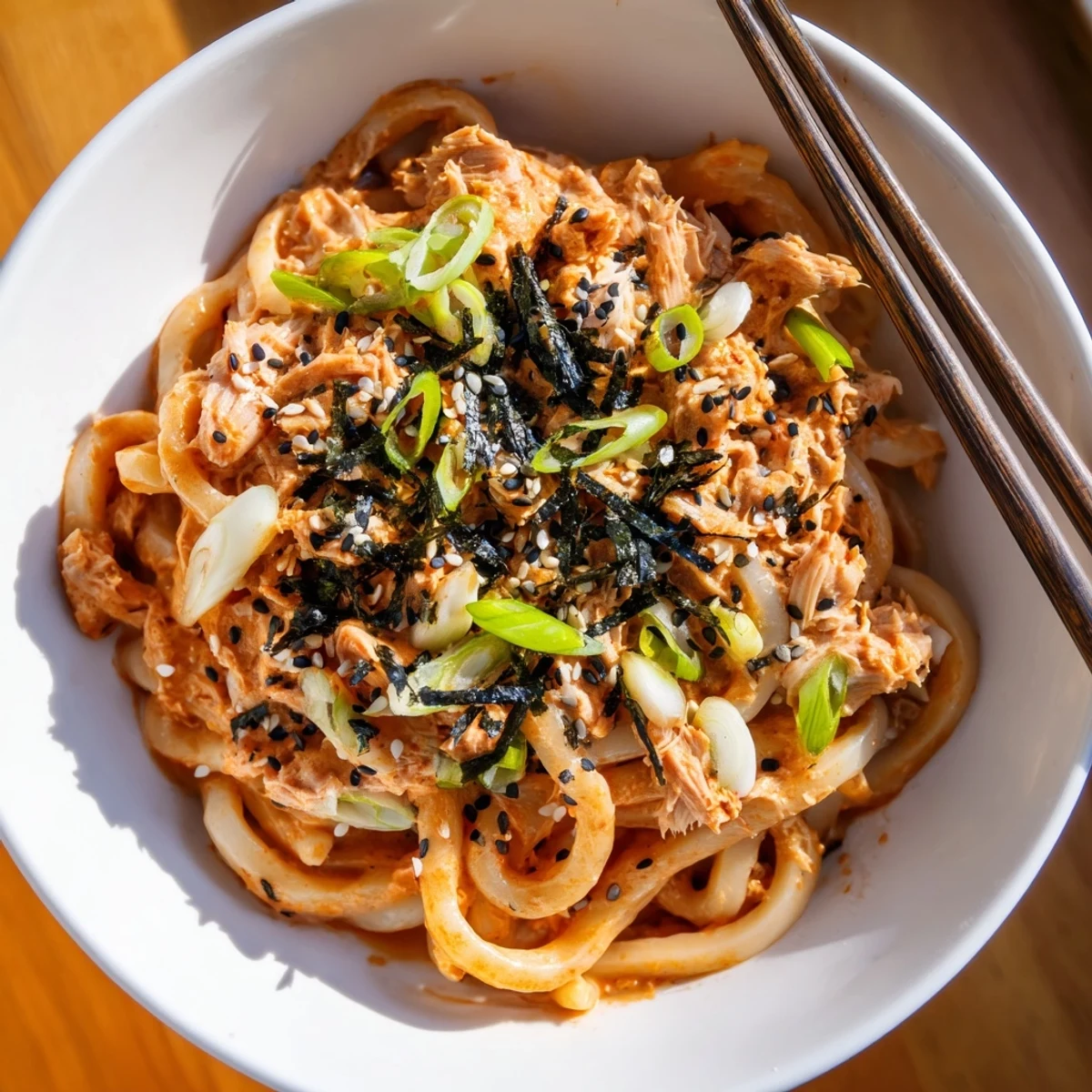 Thick chewy udon noodles tossed in a creamy spicy tuna sauce topped with fresh scallions