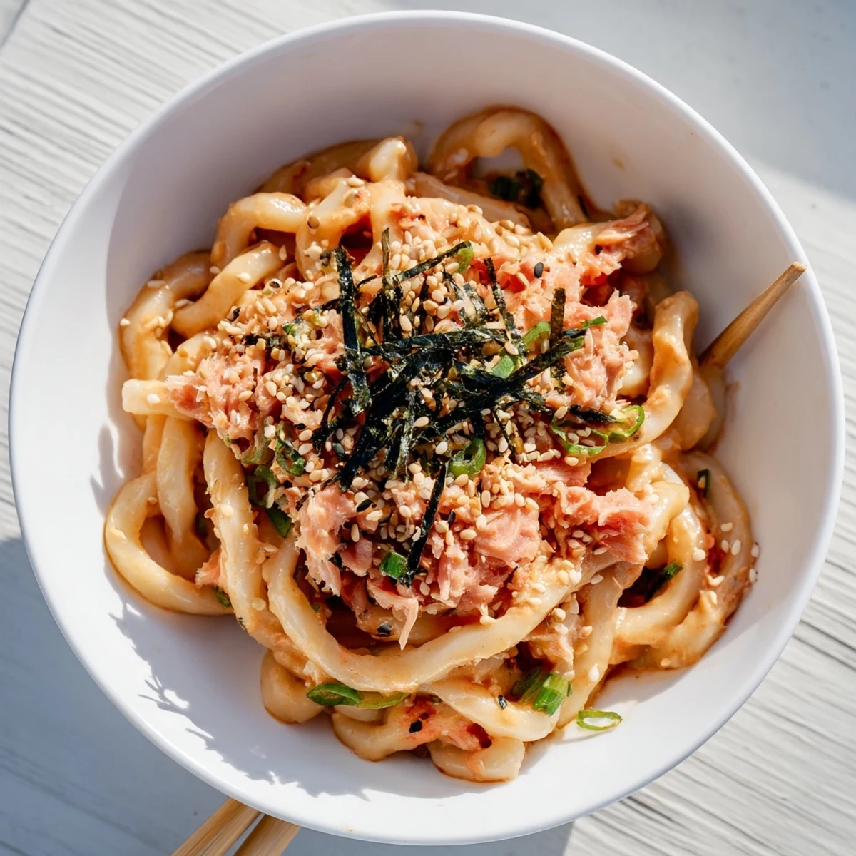 Creamy Sriracha tuna udon noodles with ginger garlic sauce and green onion garnish