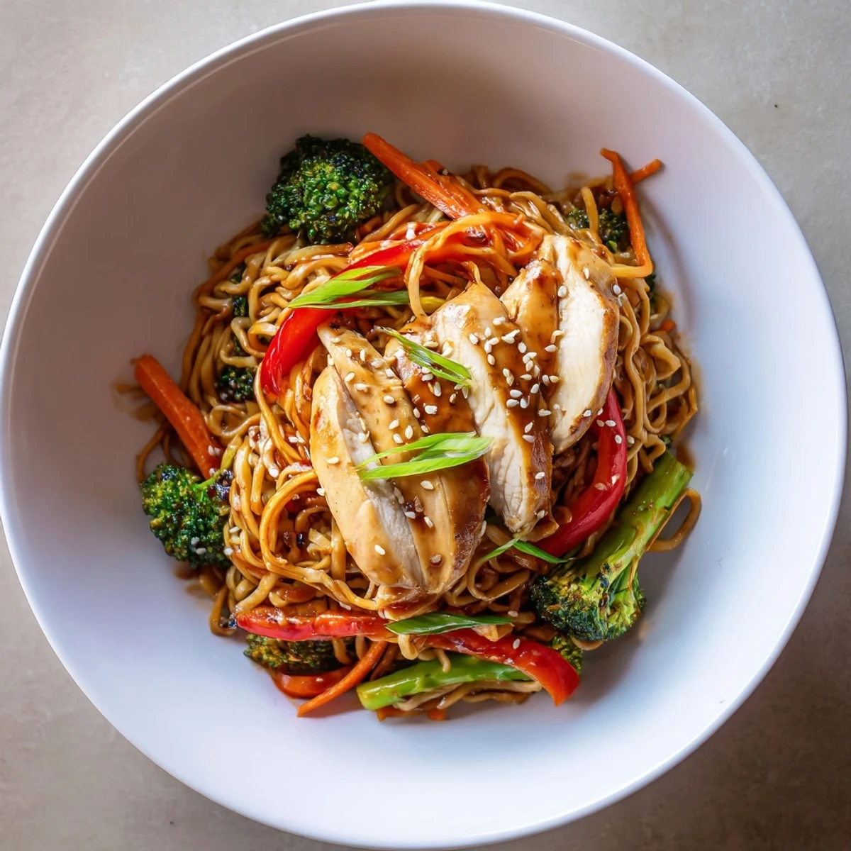 Chicken Ramen Stir Fry sizzling in a wok with glossy sesame glaze