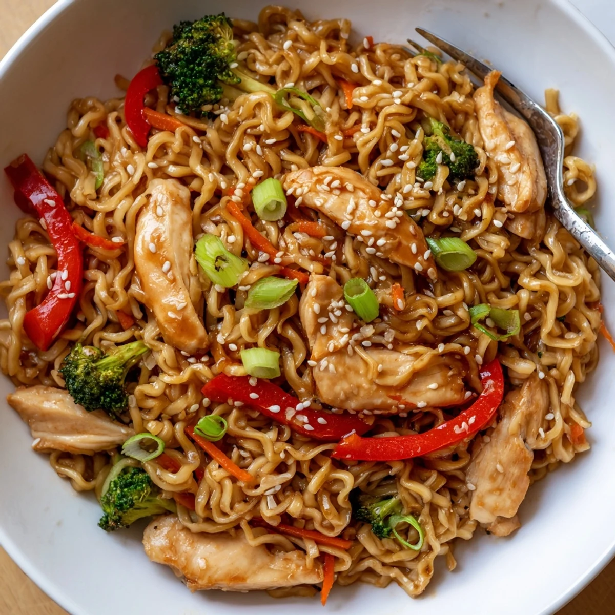 Easy weeknight Chicken Ramen Stir Fry plated with pickled chili and lime