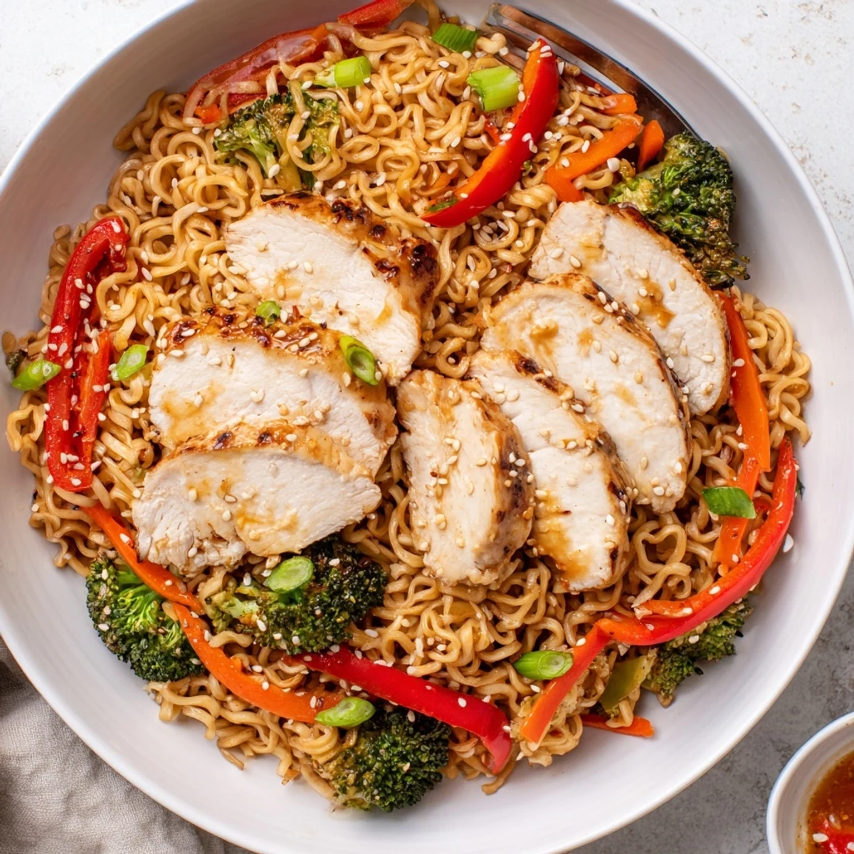 Heaping Chicken Ramen Stir Fry with crisp broccoli and bright bell pepper