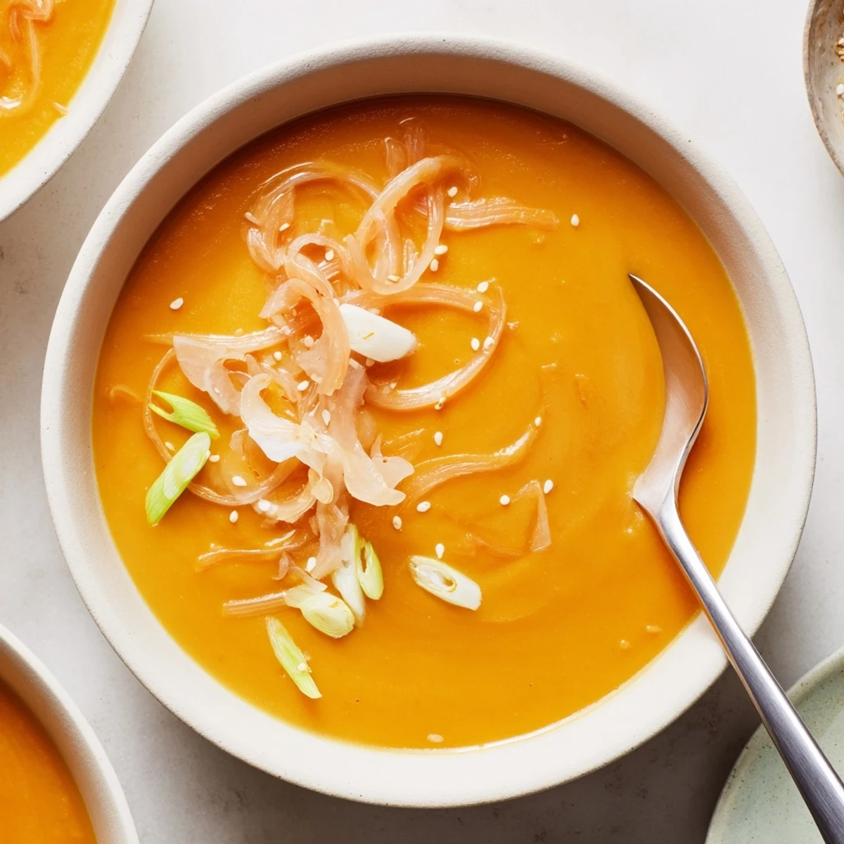 Warm, silky Carrot Ginger Miso Soup Recipe garnished with scallions and sesame