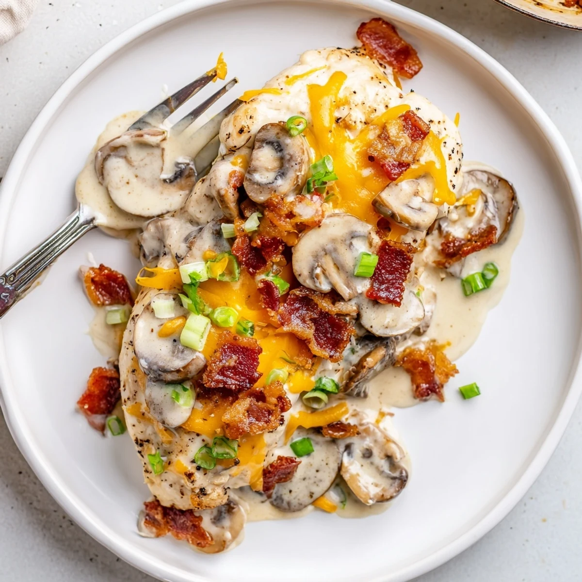 Mississippi Mud Chicken smothered in creamy bacon and mushroom sauce over mashed potatoes
