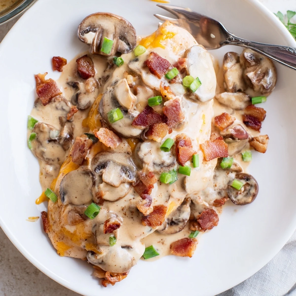 Oven baked Mississippi Mud Chicken with smoky cheddar sauce, crispy bacon and parsley