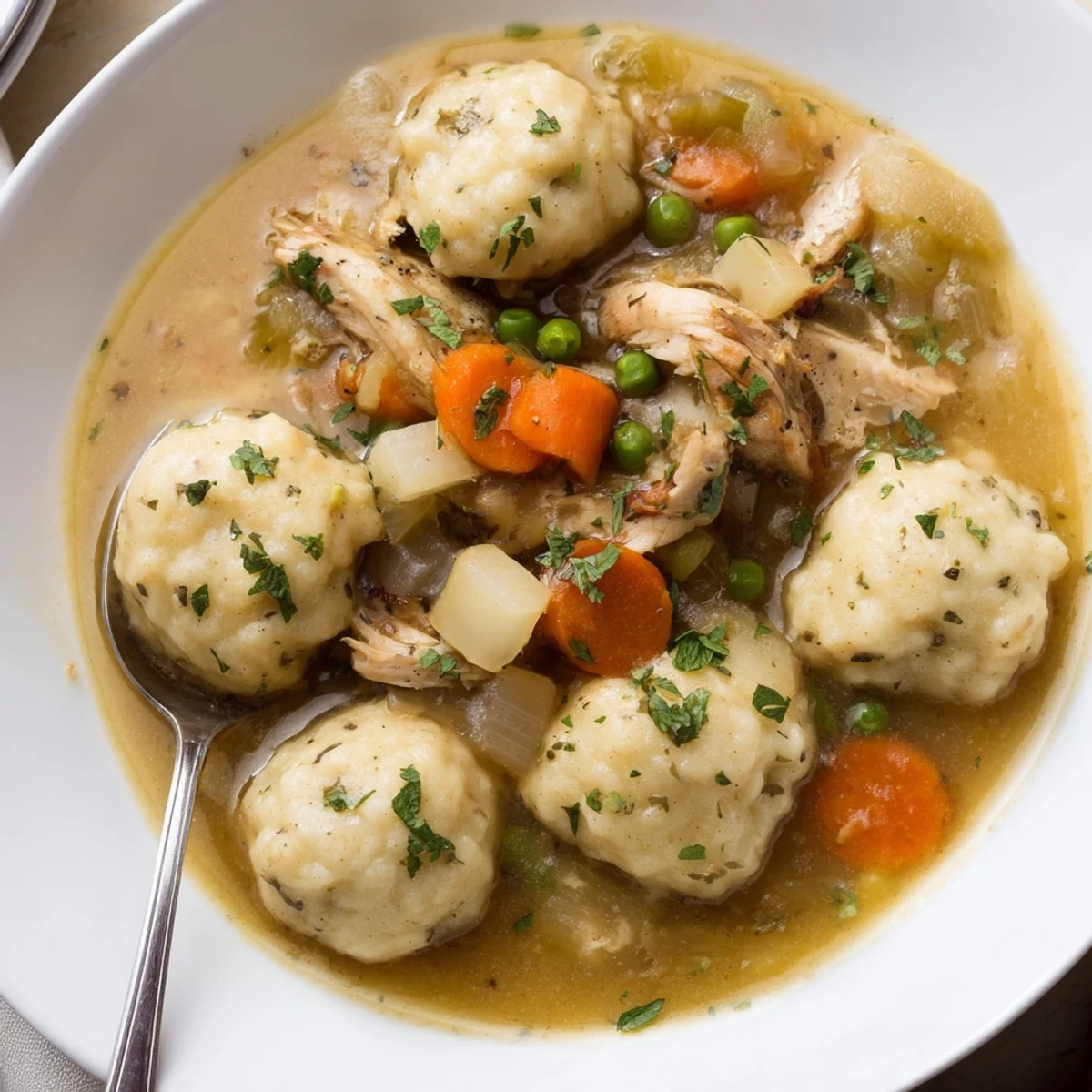 One Pot Chicken And Dumplings bubbling in creamy broth, hearty vegetables visible  