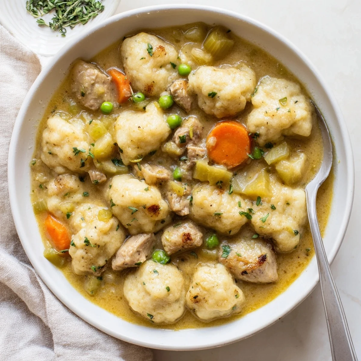 One Pot Chicken And Dumplings served steaming hot in rustic bowl, garnished with parsley  