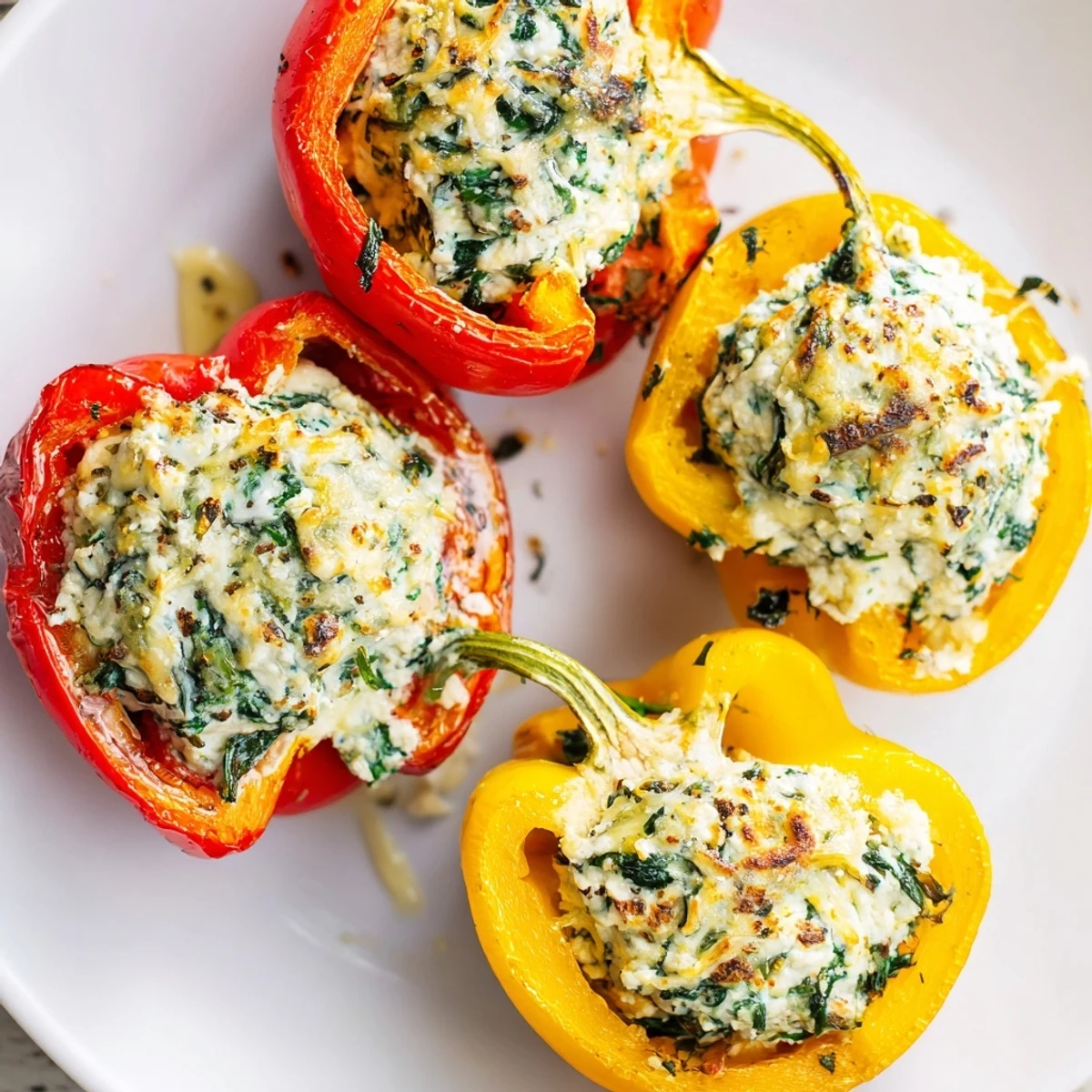 Oven baked Herby Ricotta Stuffed Peppers with golden filling and tender peppers