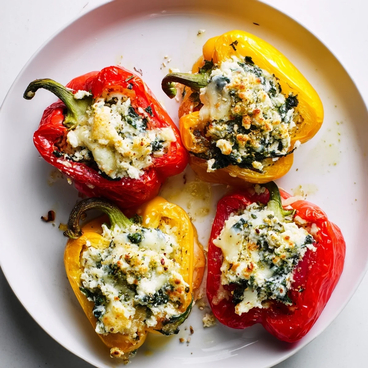 Herby Ricotta Stuffed Peppers on a baking dish, aromatic herbs and lemon zest