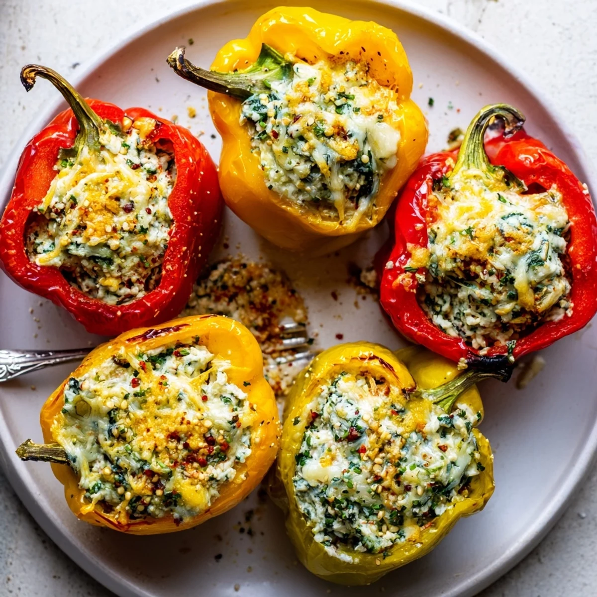 Creamy Herby Ricotta Stuffed Peppers served with crusty bread, warm and fragrant