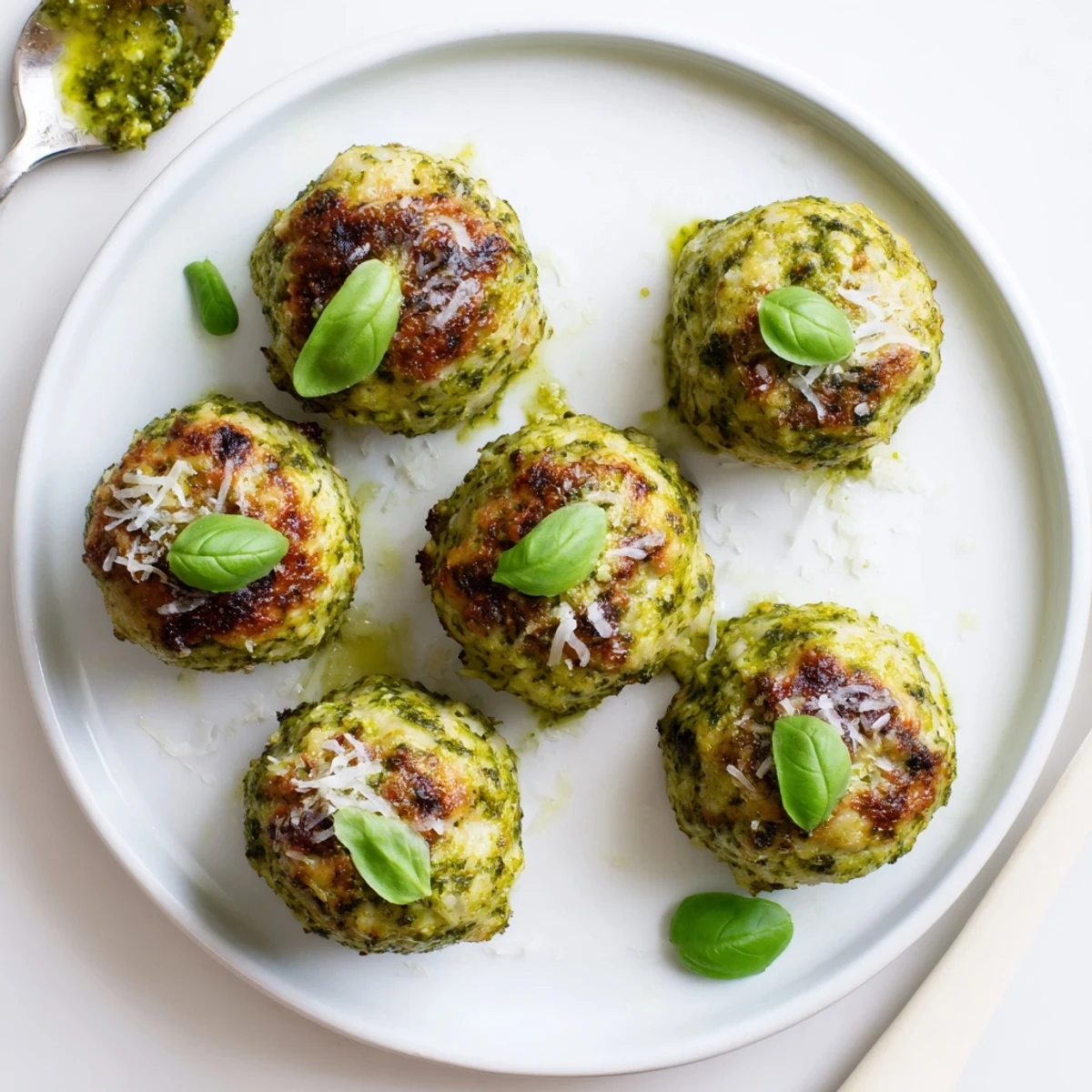 Pesto Baked Turkey Meatballs sizzling golden, topped with fresh basil and Parmesan