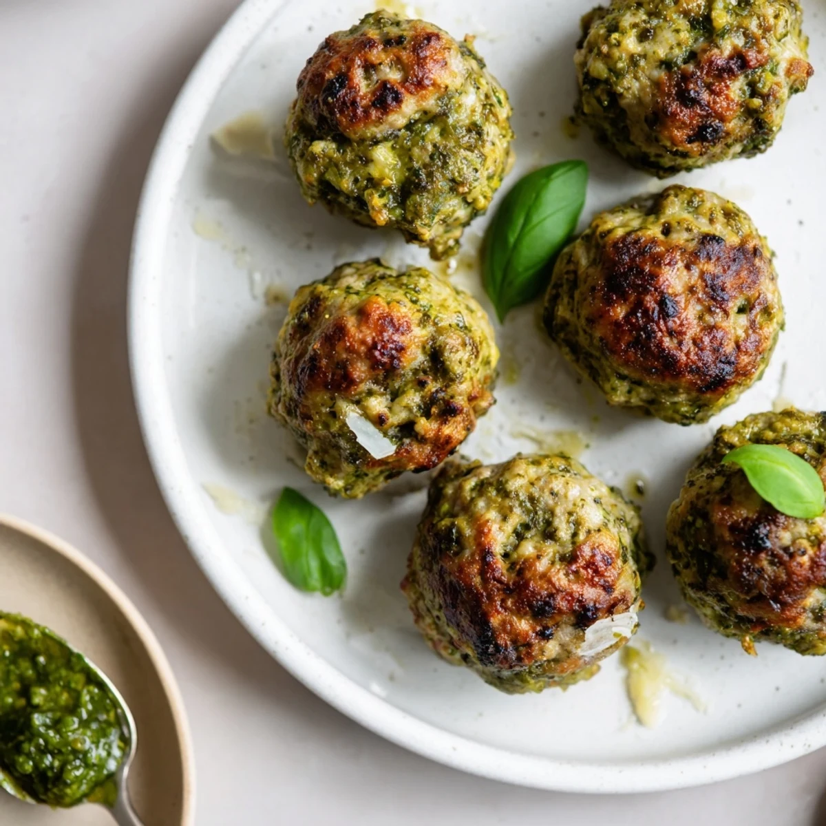 Pesto Baked Turkey Meatballs nestled on parchment, brushed with olive oil sheen