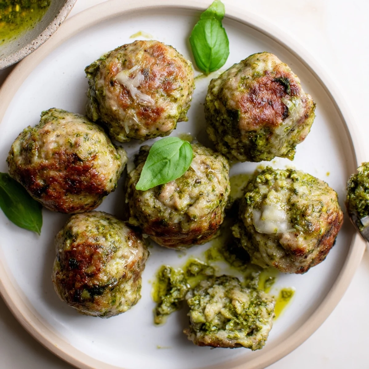 Pesto Baked Turkey Meatballs served warm over zucchini noodles with extra pesto