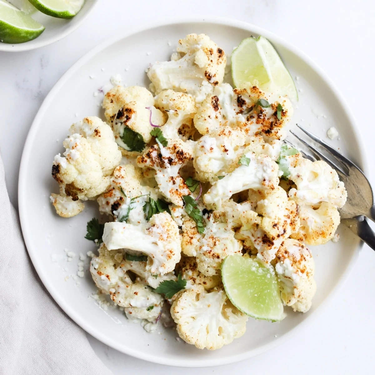 Oven-roasted Cauliflower Elote piled on platter, creamy tang and cotija crumble