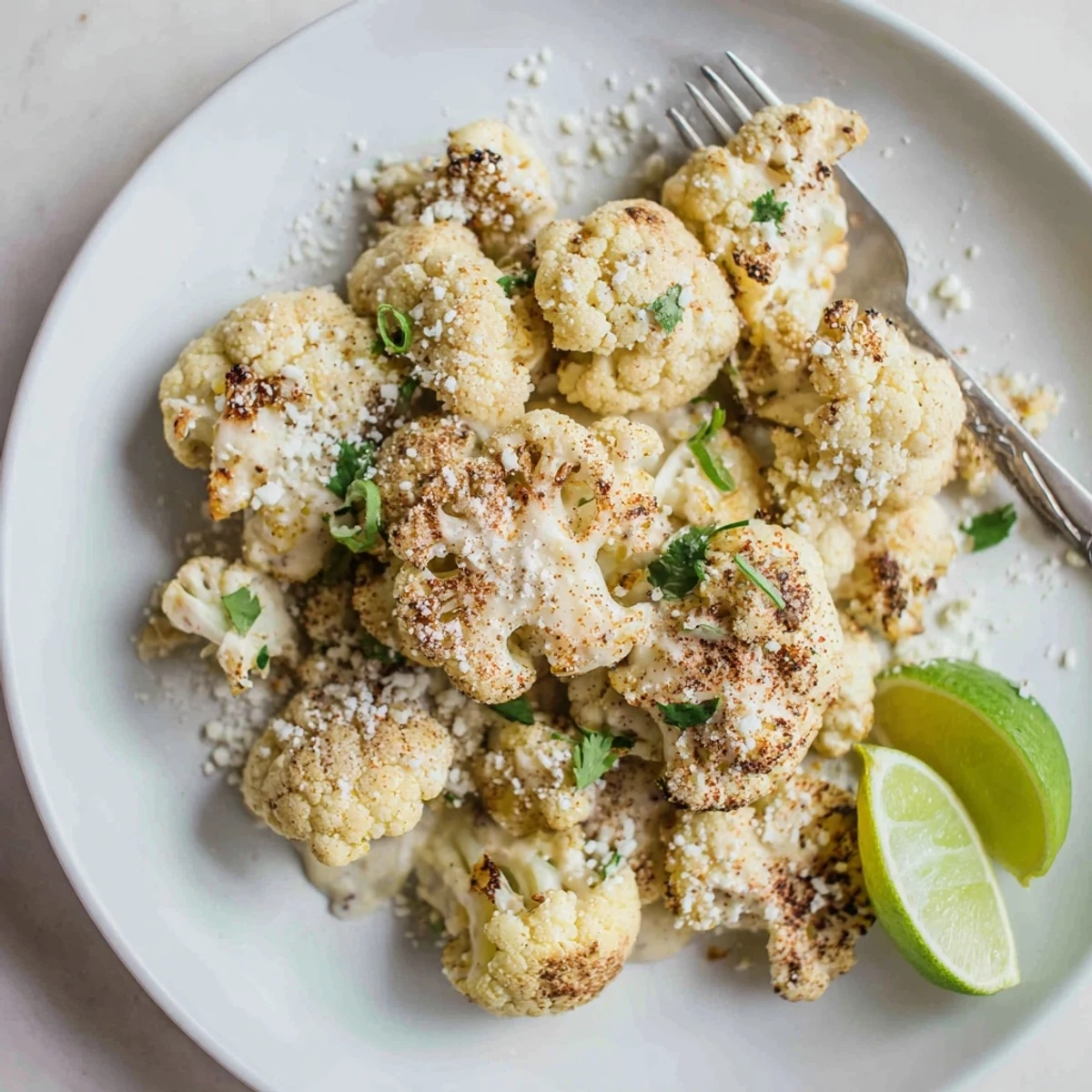 Charred florets of Cauliflower Elote tossed in lime mayonnaise, cilantro garnish