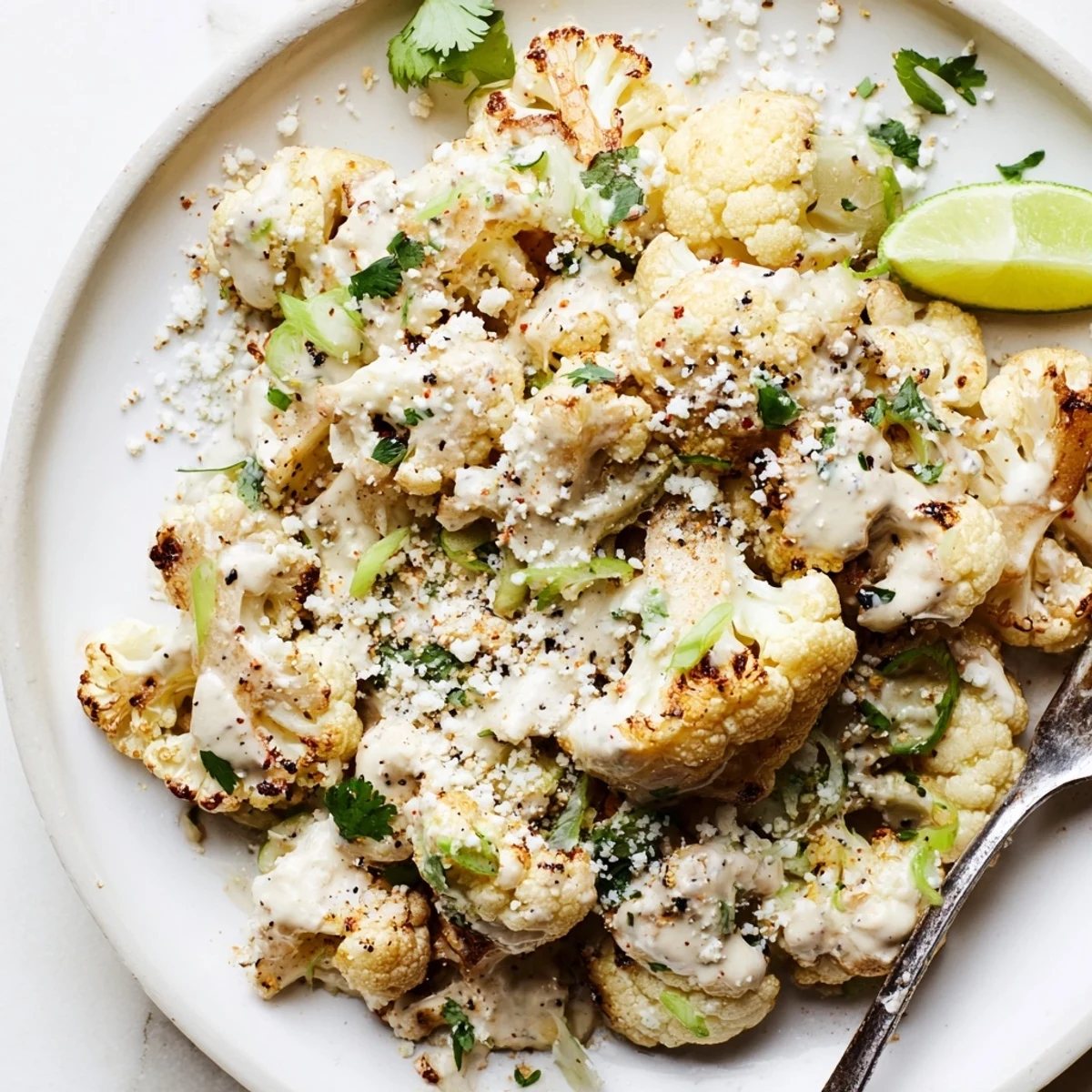 Cauliflower Elote served with lime wedges, smoky chili dust and scallions