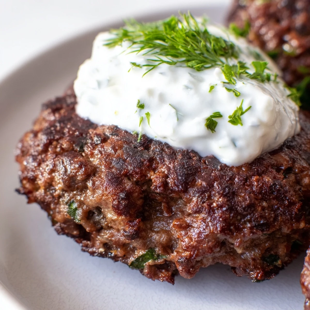 Golden brown smashed beef kebabs served with creamy cucumber yogurt sauce and fresh herbs