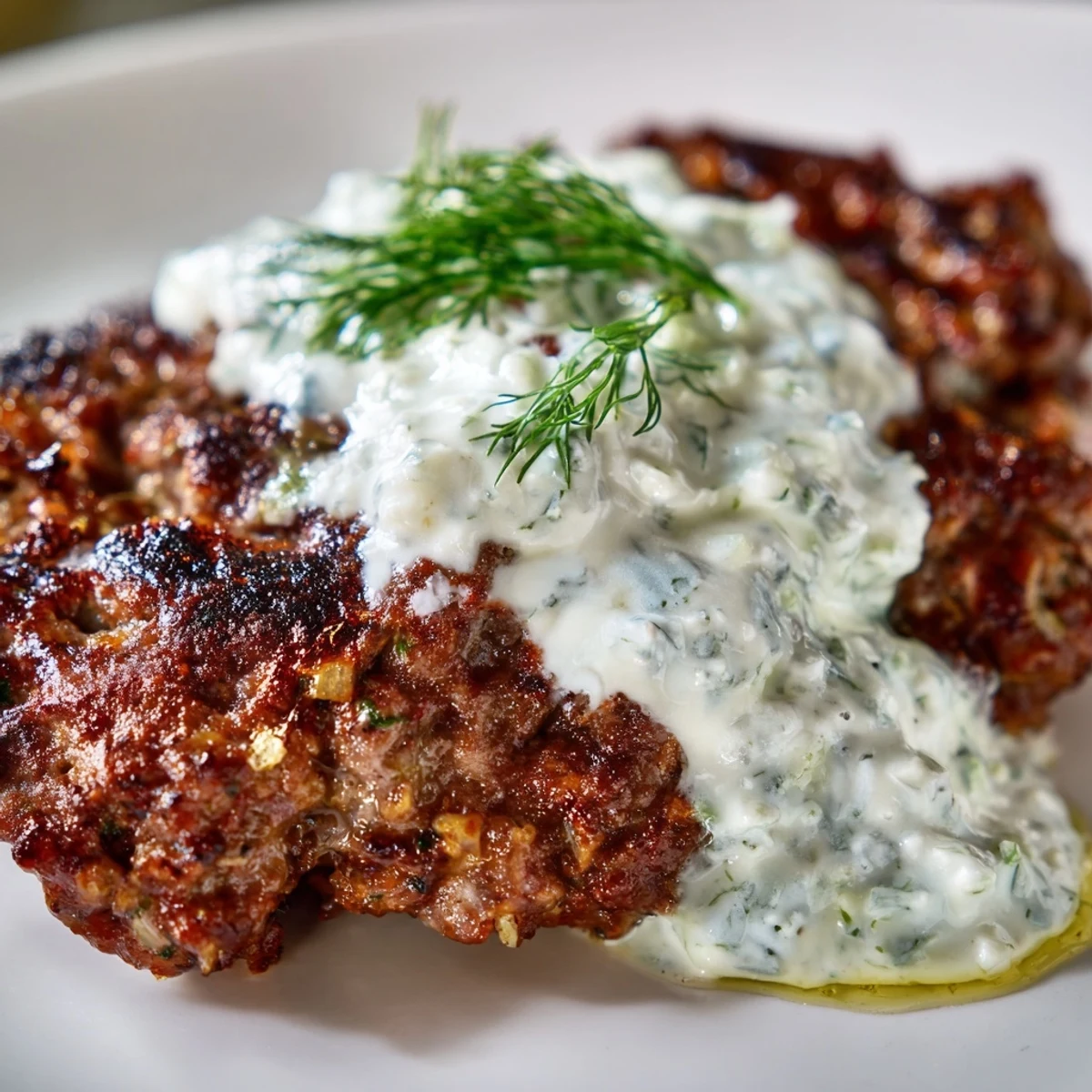 Hand-shaped smashed beef kebabs with refreshing yogurt dip garnished with red onion slices
