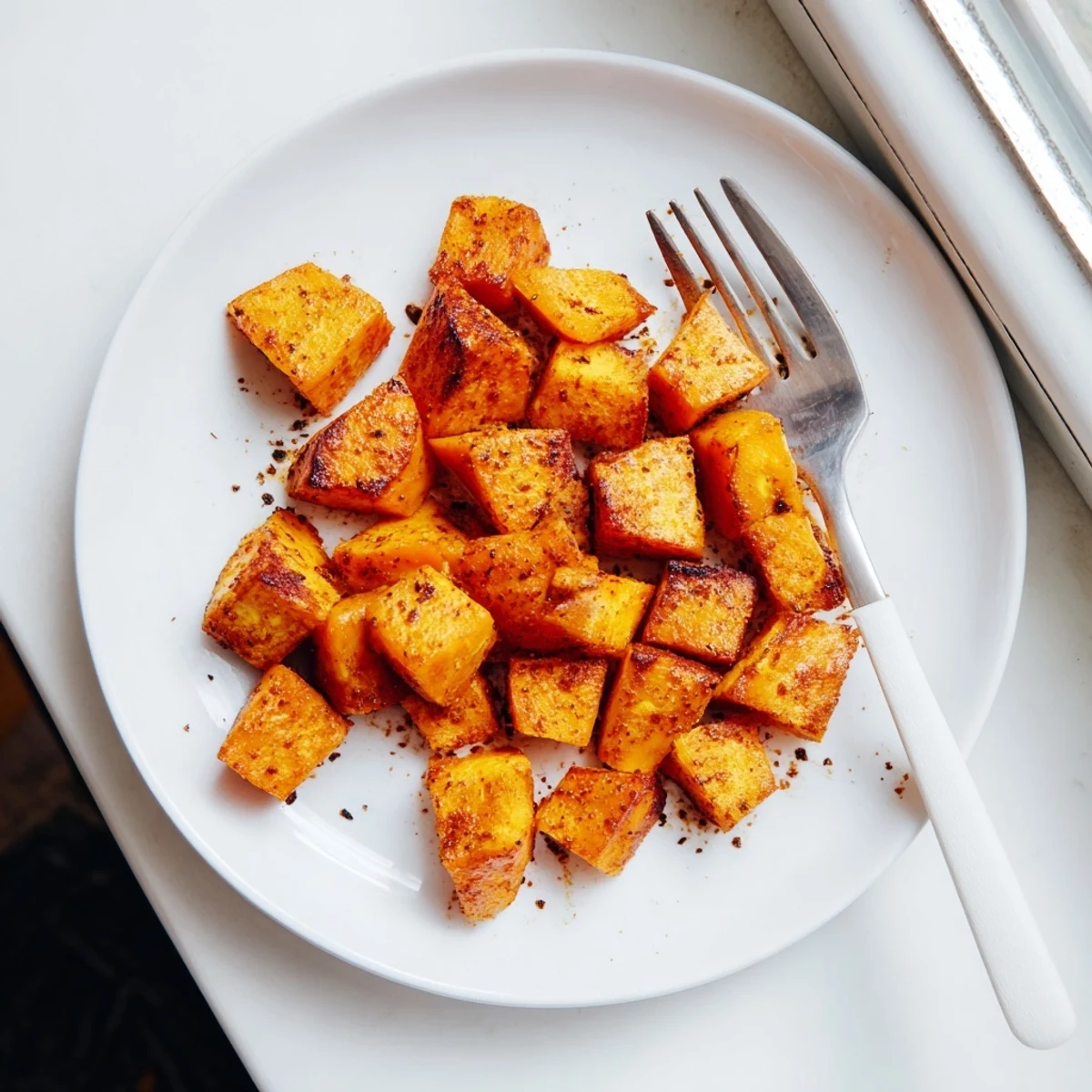 Golden brown air fryer sweet potato cubes with crispy edges and tender centers arranged on a white plate