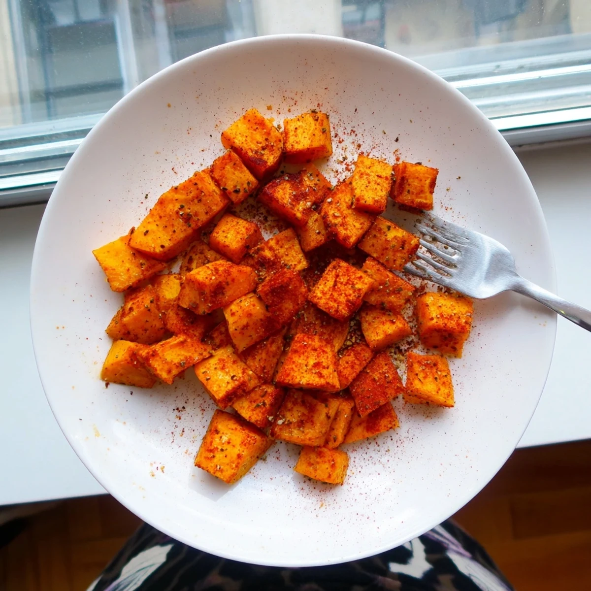 Seasoned air fryer sweet potato cubes showing paprika-spiced exterior with perfect caramelization in a rustic serving bowl