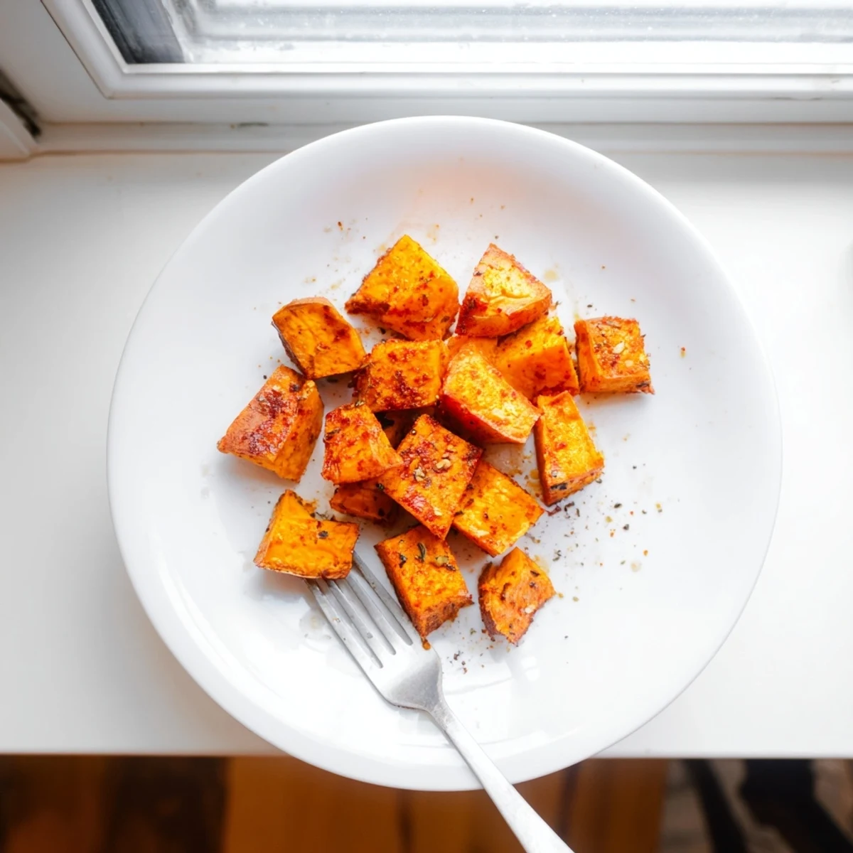 Bite-sized air fryer sweet potato cubes displaying golden crispiness and soft interior ready for serving as healthy side dish