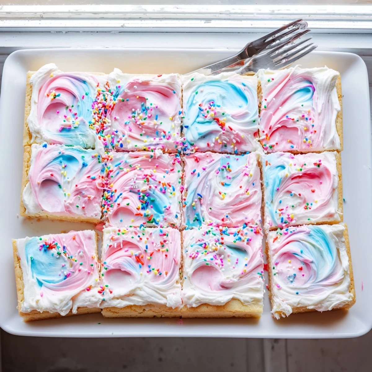Soft frosted sugar cookie bars with colorful sprinkles on a white serving plate