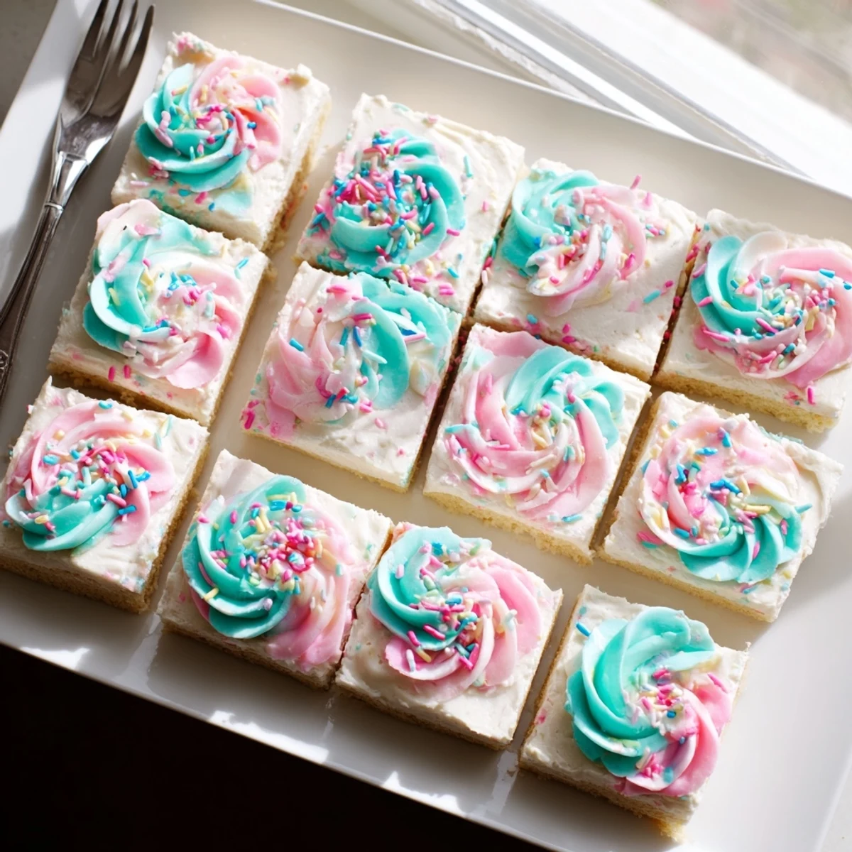 Buttery frosted sugar cookie bars cut into squares with creamy vanilla frosting topping