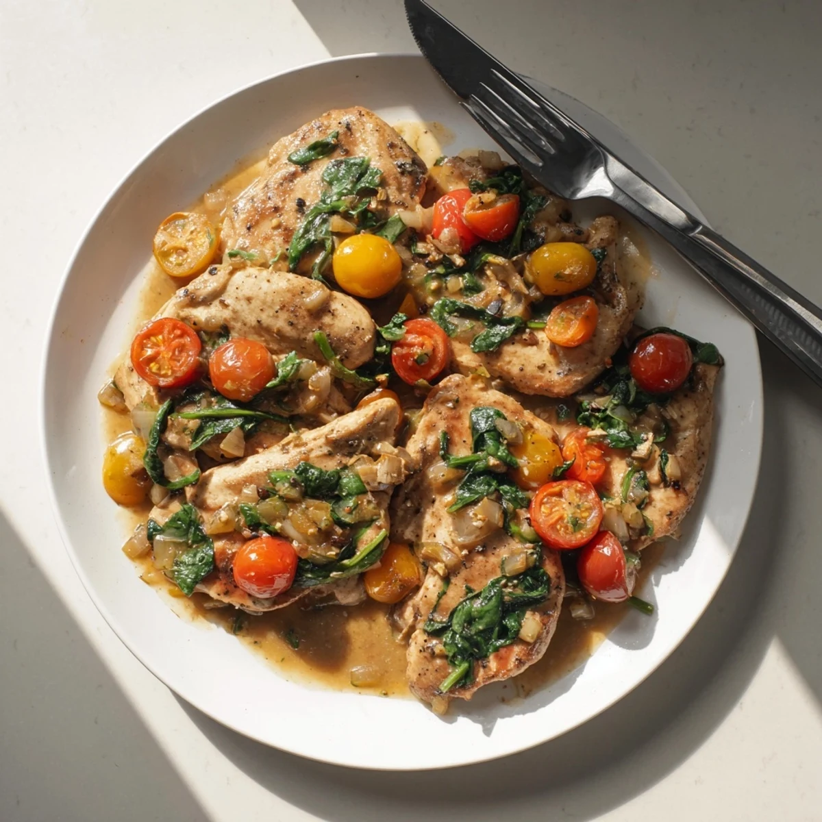Golden brown chicken breasts simmered in white wine sauce with fresh spinach and cherry tomatoes