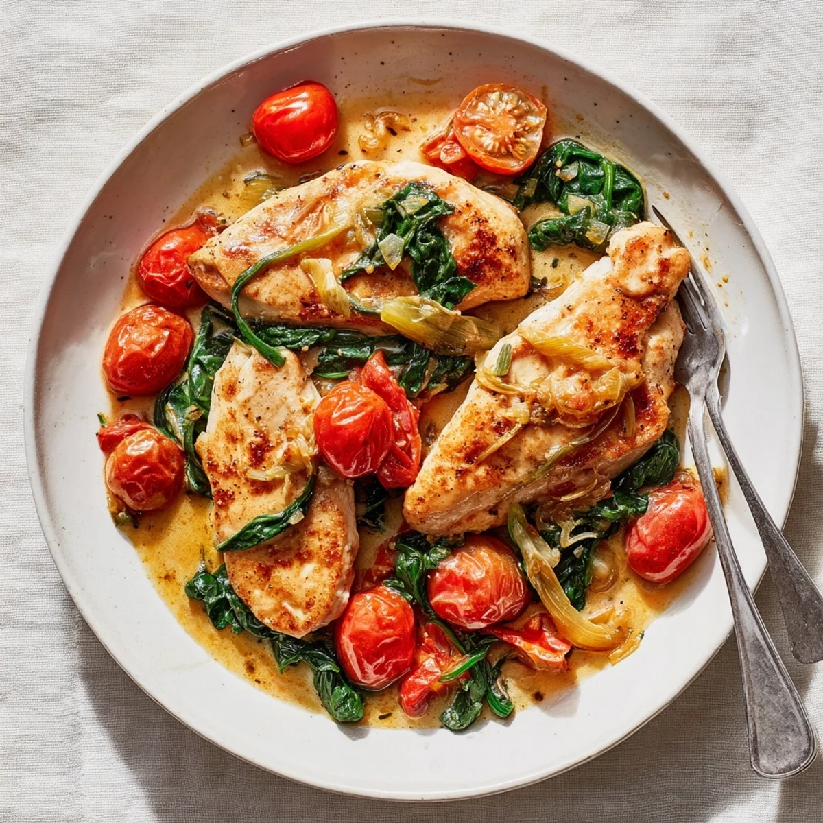 Savory tomato spinach white wine chicken plated with vibrant vegetables and creamy pan sauce