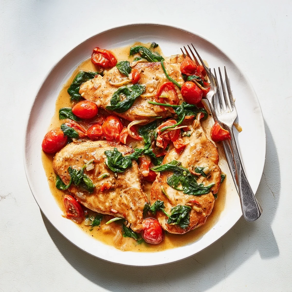 Mediterranean-style chicken with wilted spinach and juicy tomatoes in a fragrant white wine reduction