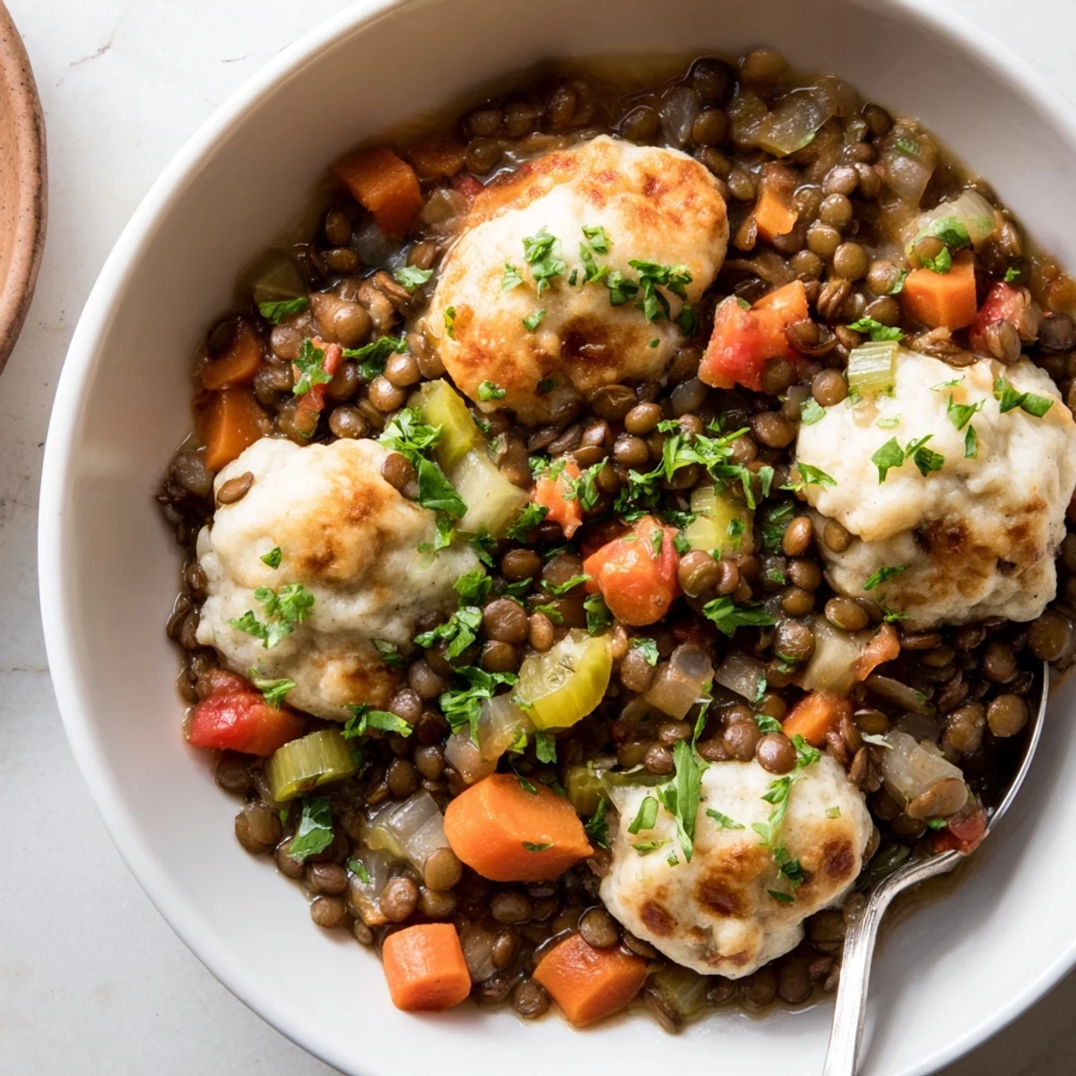 Golden brown dumplings float atop a savory lentil stew with chunks of tender vegetables