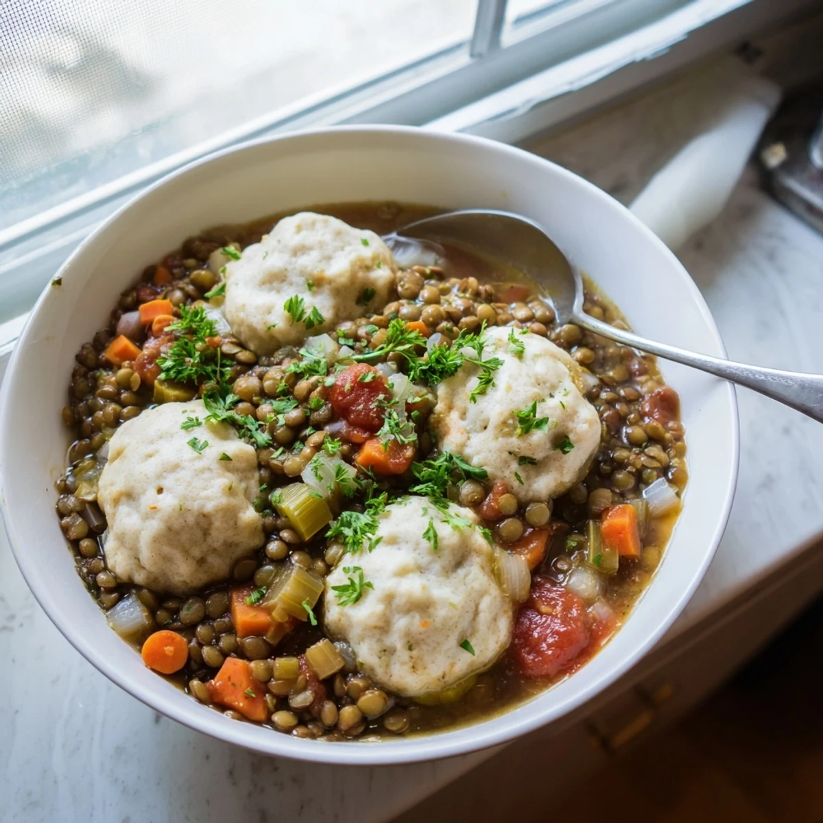 Hearty lentils with dumplings served in a rustic bowl garnished with fresh green parsley