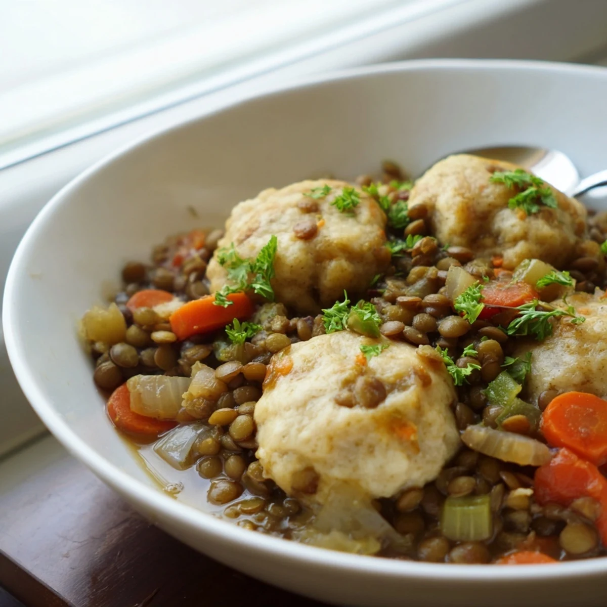 Fluffy steaming dumplings rest on a bed of simmered lentils in a rich tomato broth
