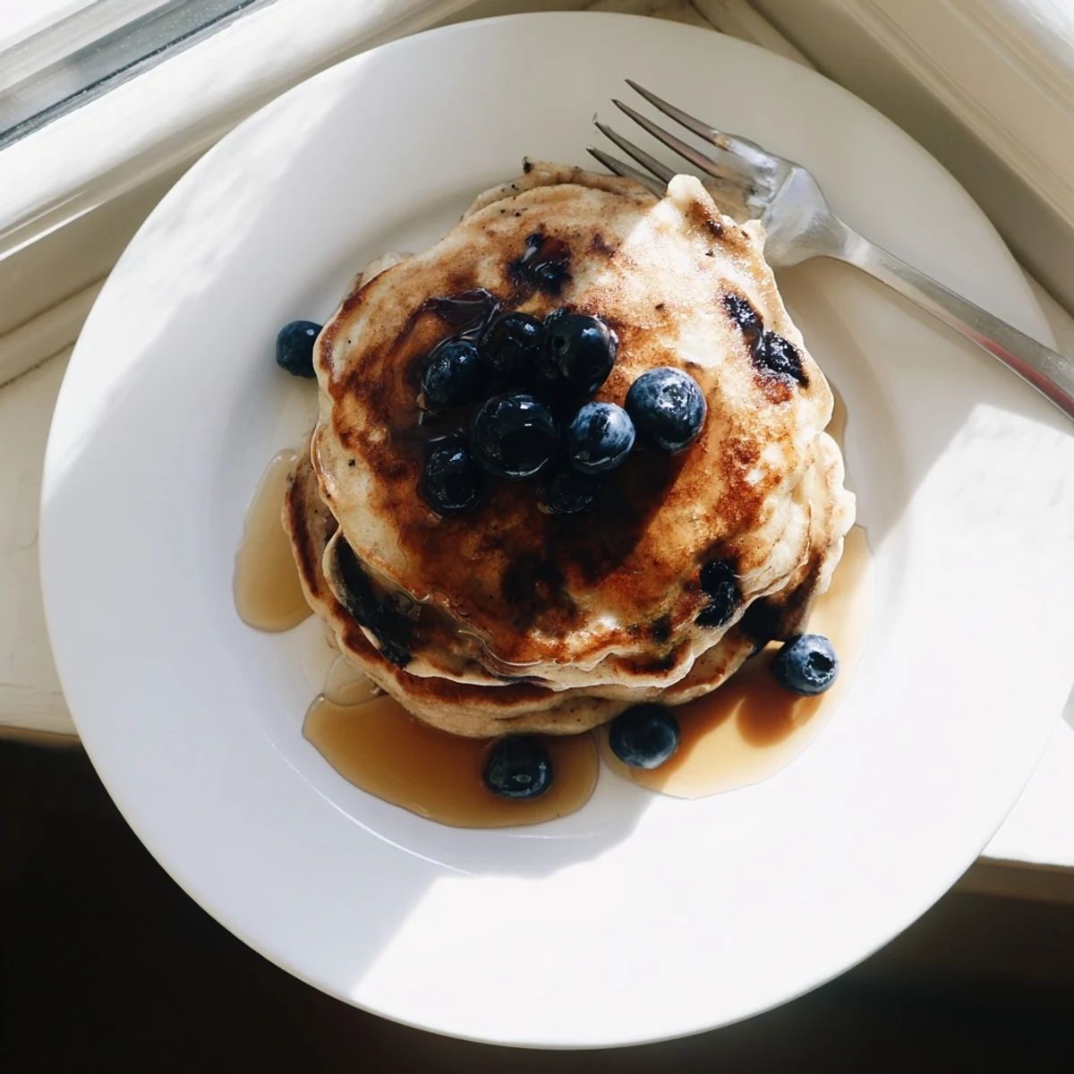 Golden stack of fluffy protein banana pancakes topped with fresh sliced bananas and pure maple syrup