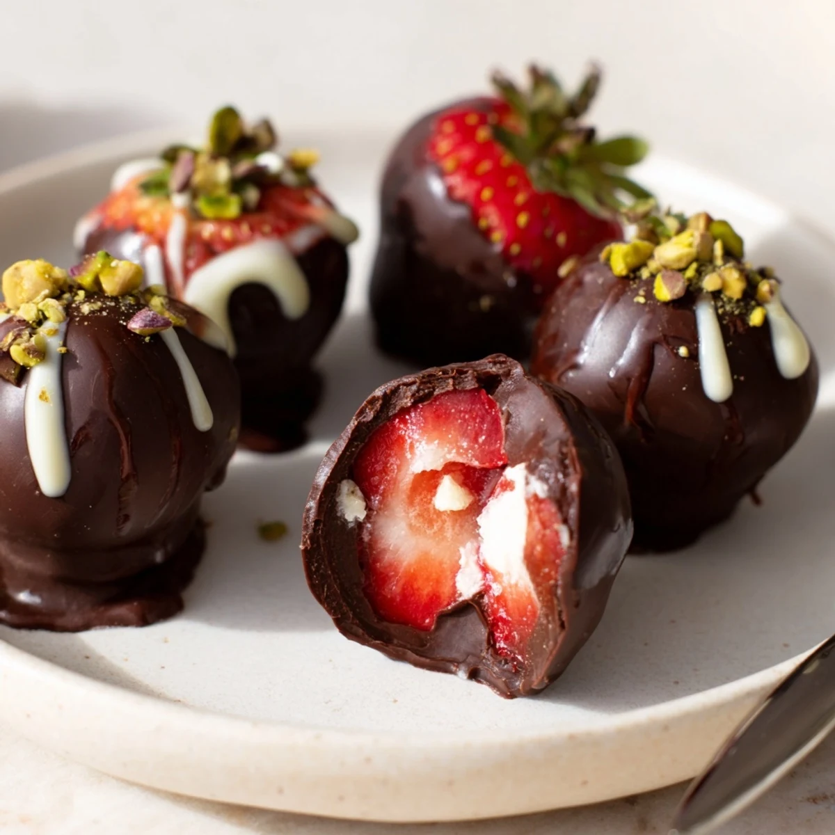 Strawberry Bombs glistening with chocolate coating, cream-filled centers and crushed pistachios