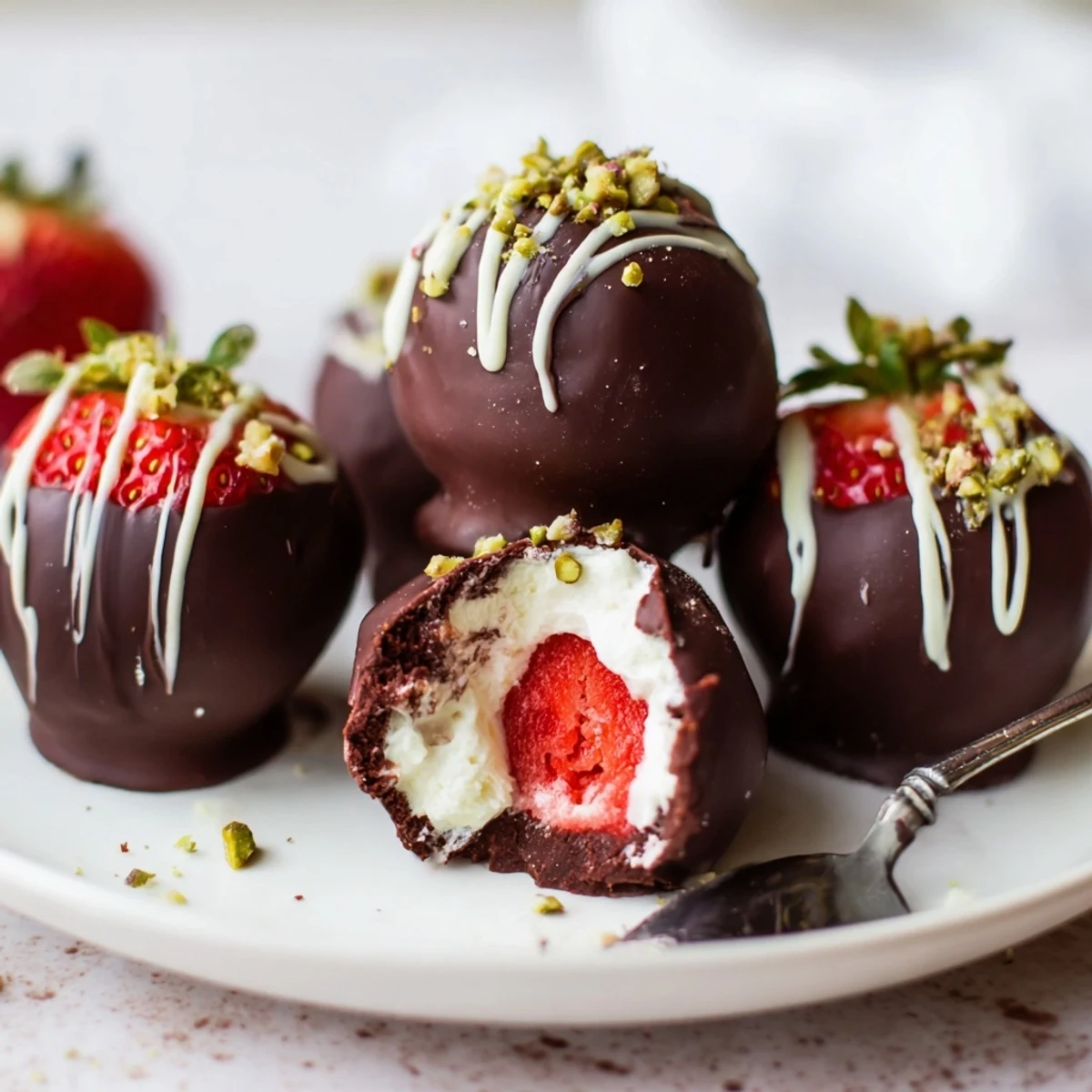 Bite-sized Strawberry Bombs offering juicy strawberry, silky filling, glossy dark chocolate shell