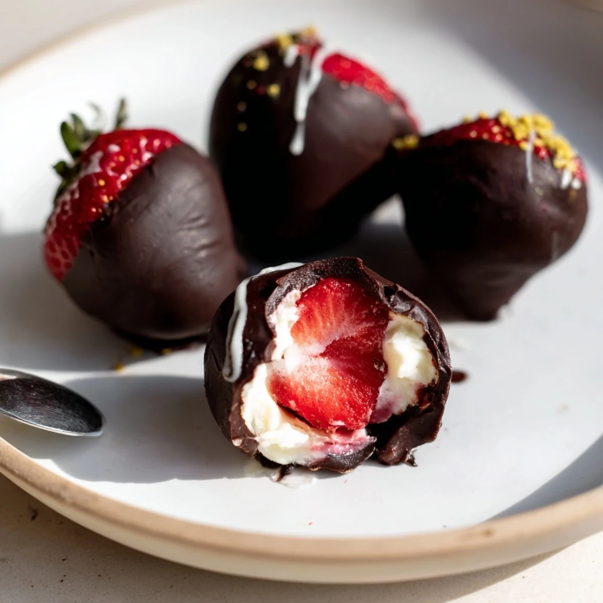 Tray of chilled Strawberry Bombs ready for parties, rich cream and drizzle