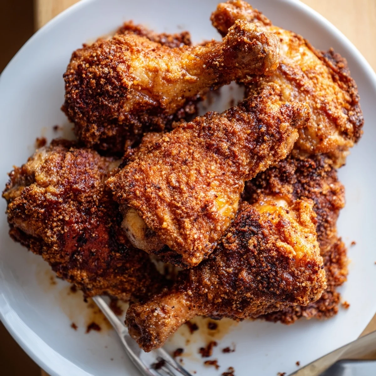 Crispy Spicy Honey Butter Fried Chicken served with tangy pickles and buttery cornbread