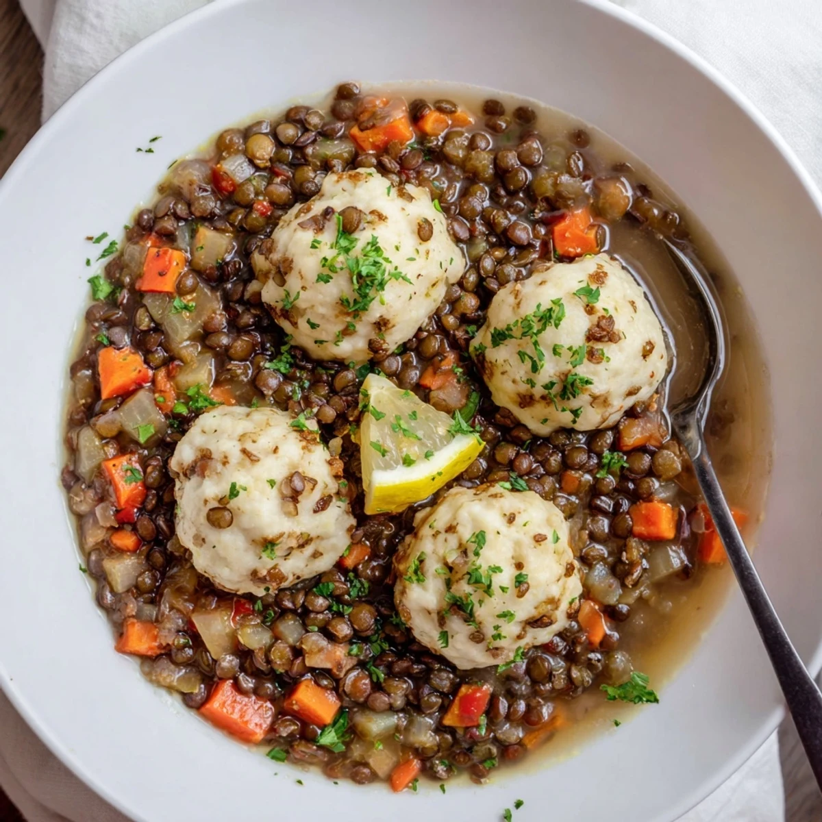 Lentils With Dumplings simmering in savory broth, pillowy bites topping steaming bowl