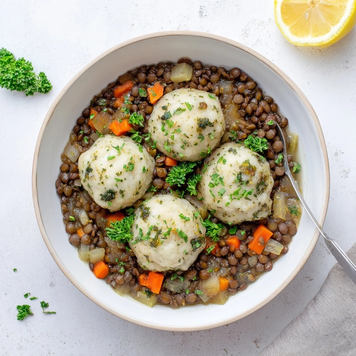 A spoon lifts Lentils With Dumplings, aromatic herbs and tender vegetables visible