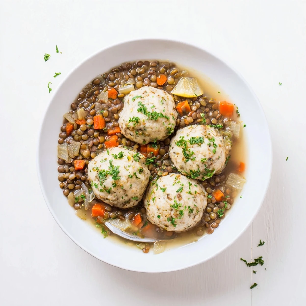 Warm Lentils With Dumplings served with fresh parsley and a lemon squeeze