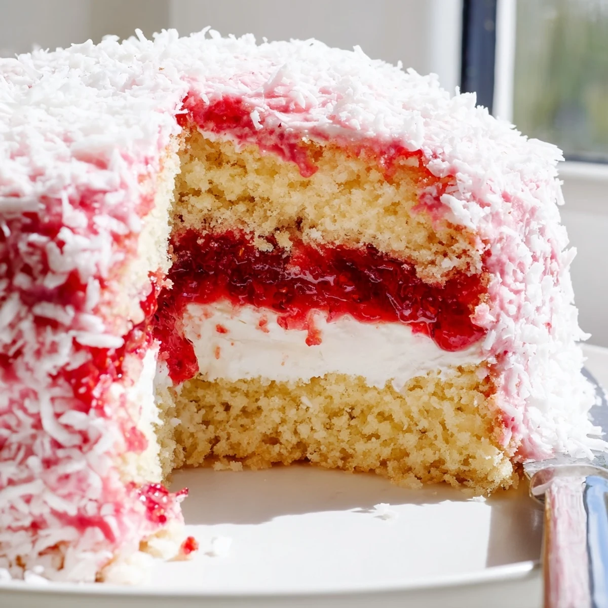 Pink raspberry lamingtons coated in fluffy coconut on a white plate