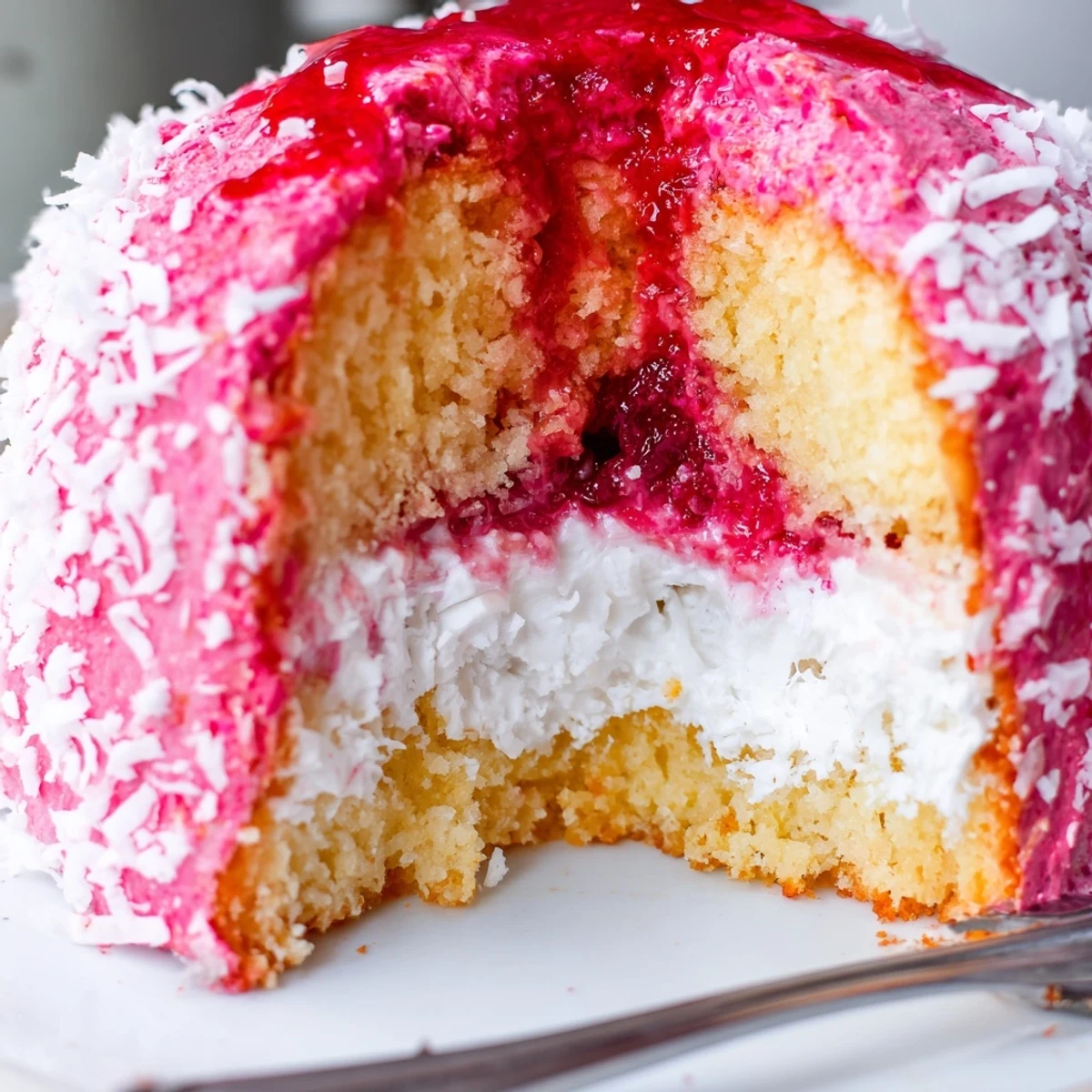 Bright magenta raspberry lamingtons dusted with coconut served fresh on parchment paper