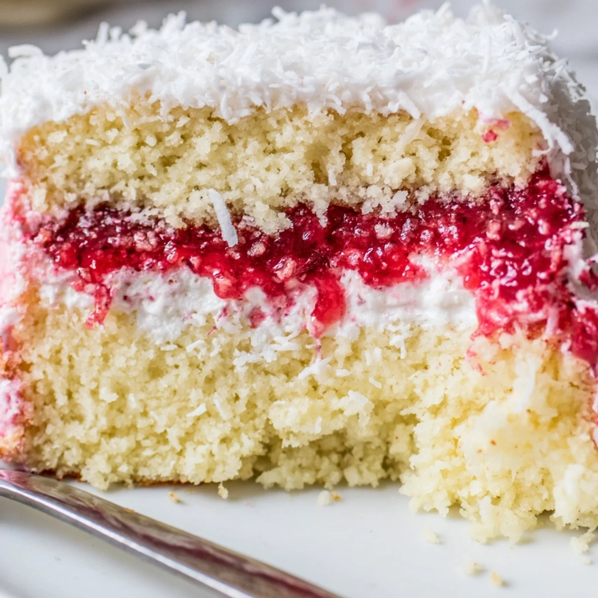 Tender raspberry lamingtons with jam and cream sandwiched between sponge layers