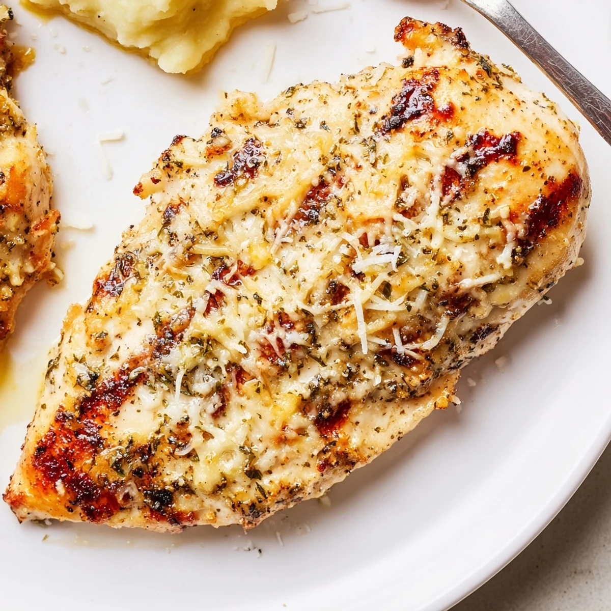 Creamy-topped Longhorn Steakhouses Parmesan Crusted Chicken, crunchy panko finish, served with salad