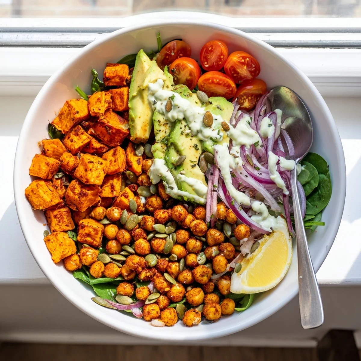 Golden roasted sweet potato chickpea bowl drizzled with creamy tahini dressing on fresh greens